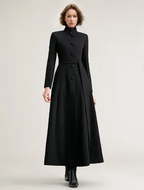 2024 Winter Women's Wool Blend Coat in Black with Sash - Full Length and Warm