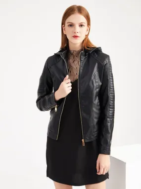 2024 Women's Hooded PU Leather Moto Jacket Spring Outerwear