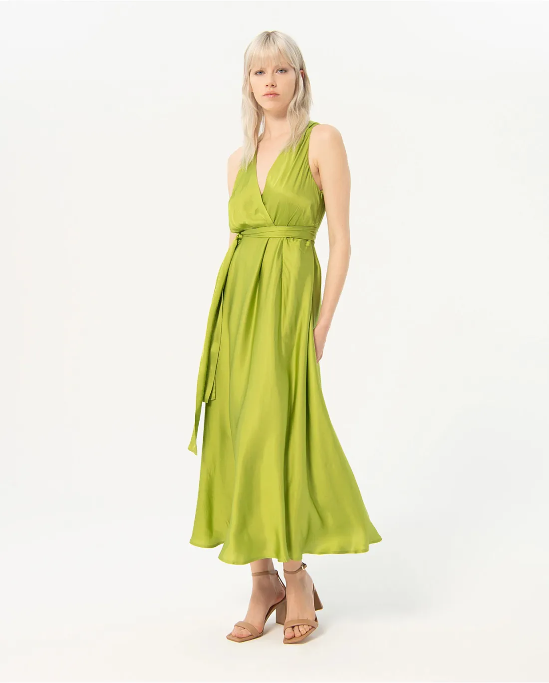 V Neck Satin Sleeveless Midi Dress in Lime Green by Surkana