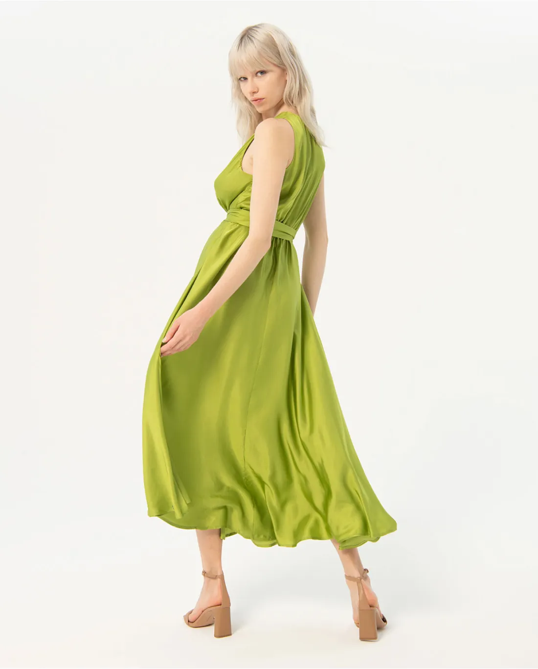 V Neck Satin Sleeveless Midi Dress in Lime Green by Surkana