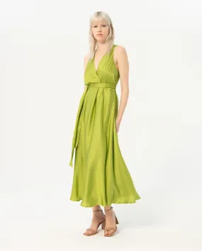 V Neck Satin Sleeveless Midi Dress in Lime Green by Surkana