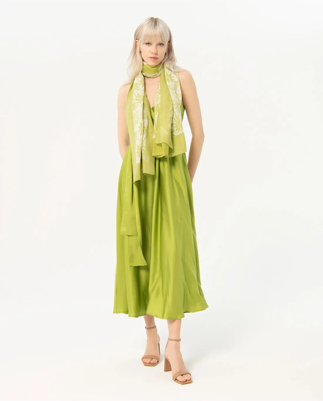 V Neck Satin Sleeveless Midi Dress in Lime Green by Surkana