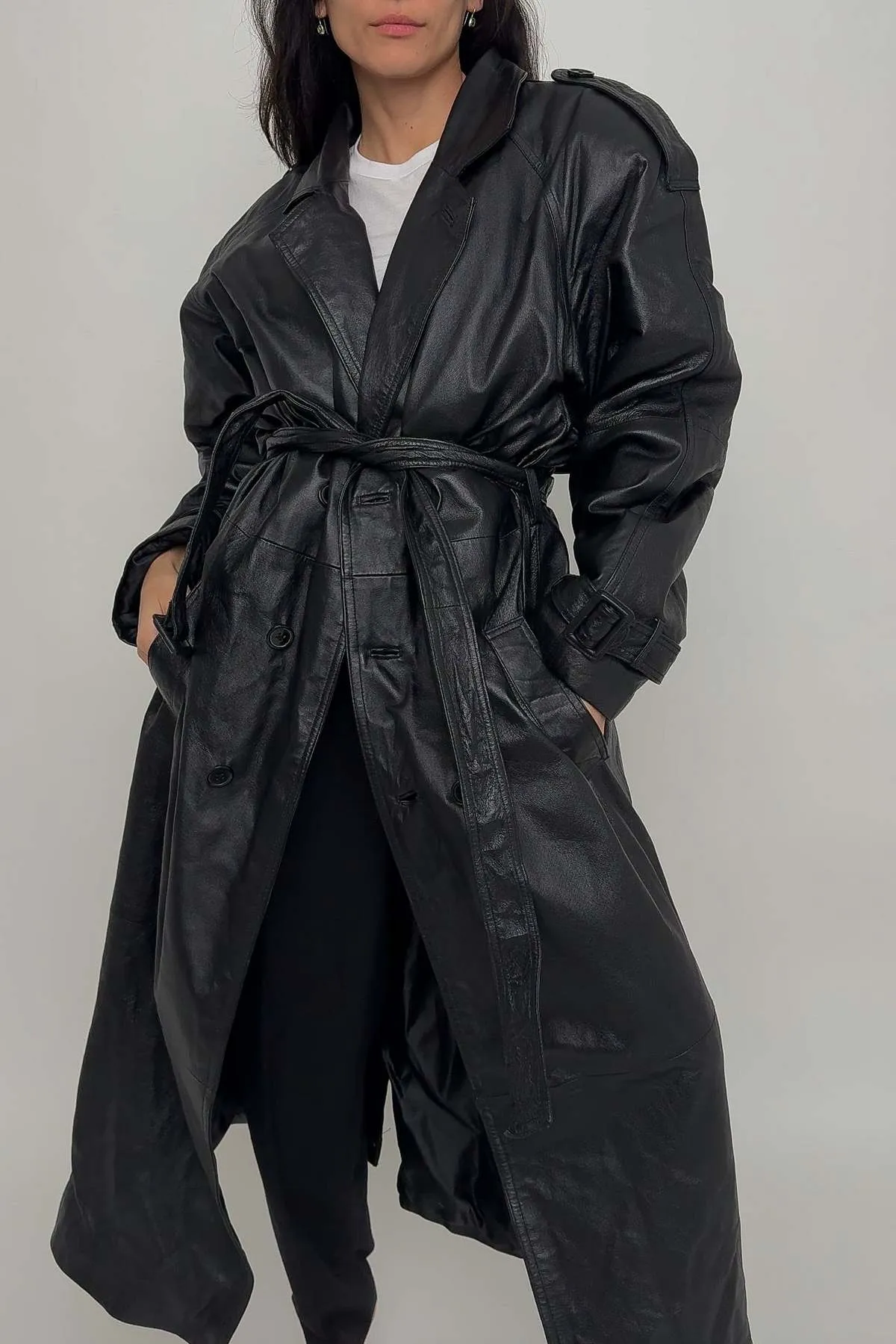 90s Raven Leather Trench Coat