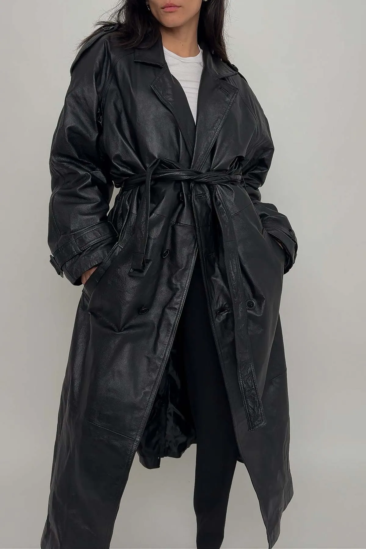 90s Raven Leather Trench Coat