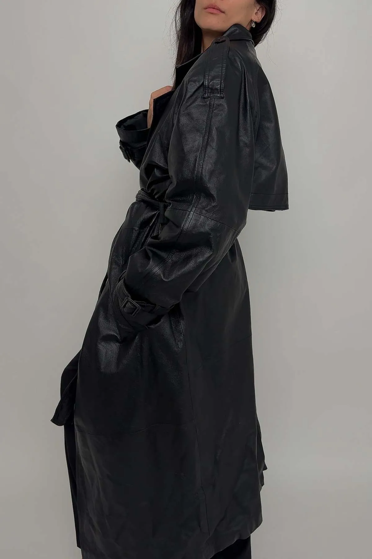 90s Raven Leather Trench Coat