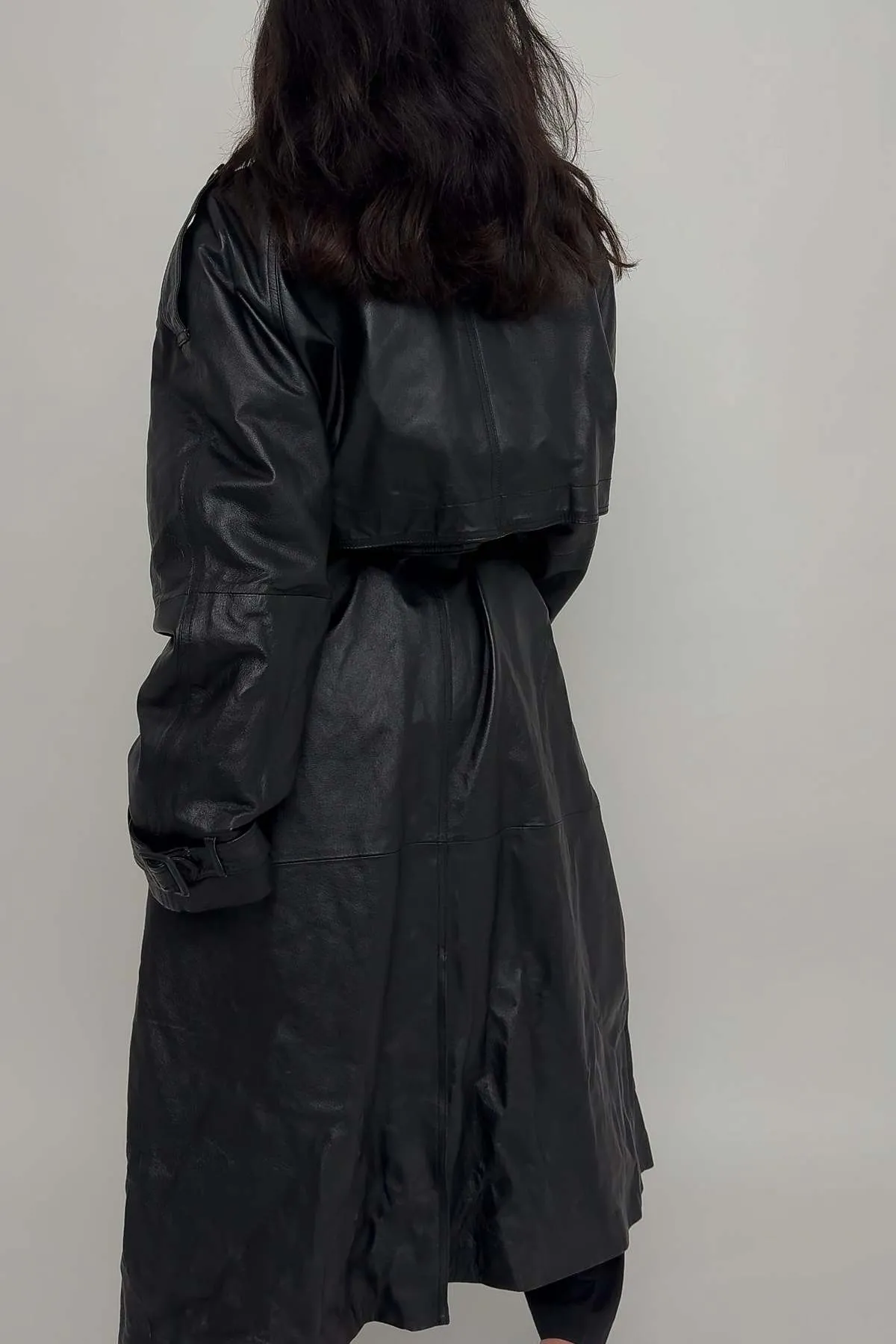 90s Raven Leather Trench Coat