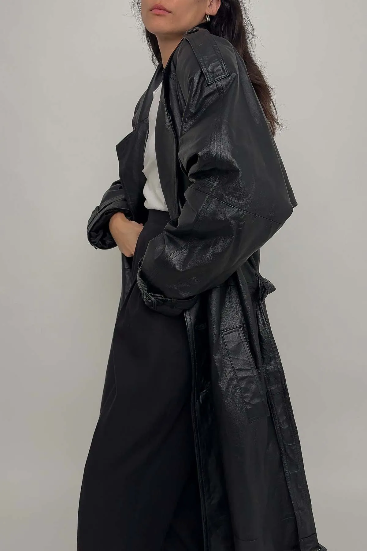 90s Raven Leather Trench Coat