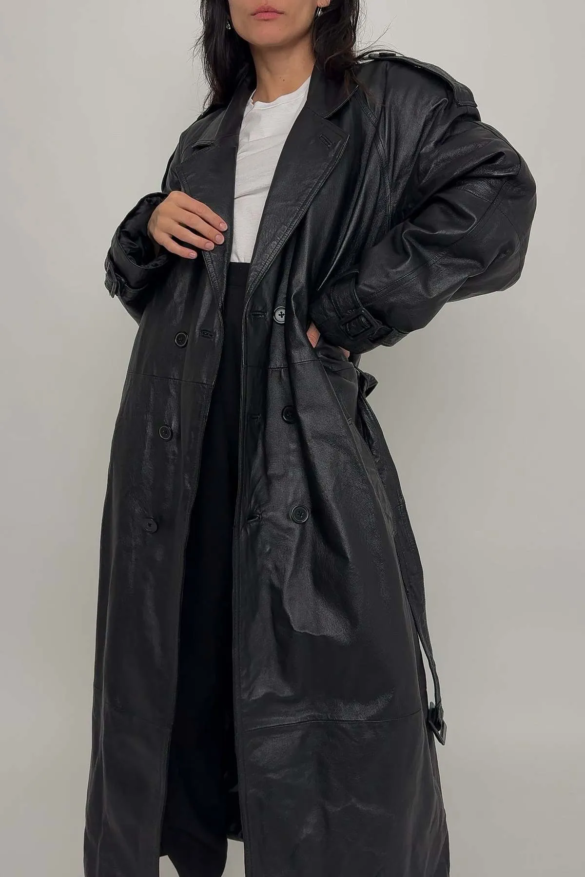 90s Raven Leather Trench Coat