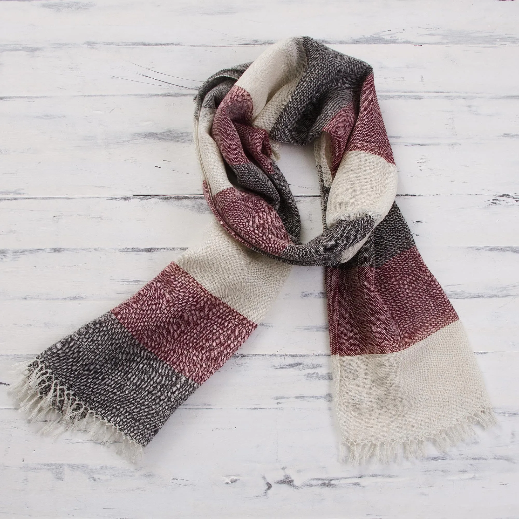 Alpaca Wool Dark Red Off White Black Striped Scarf - Best CabernetcurrentColorful.