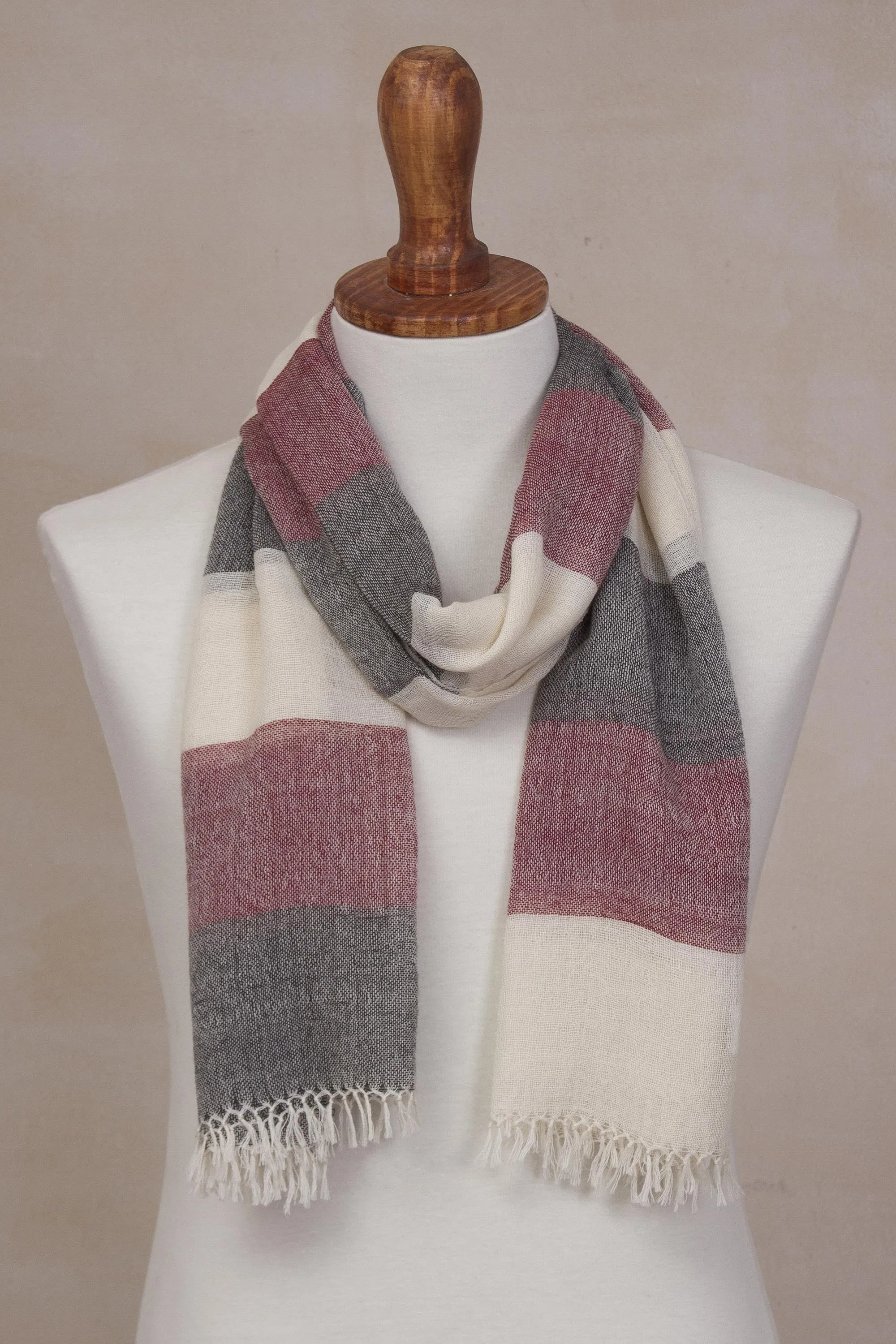 Alpaca Wool Dark Red Off White Black Striped Scarf - Best CabernetcurrentColorful.