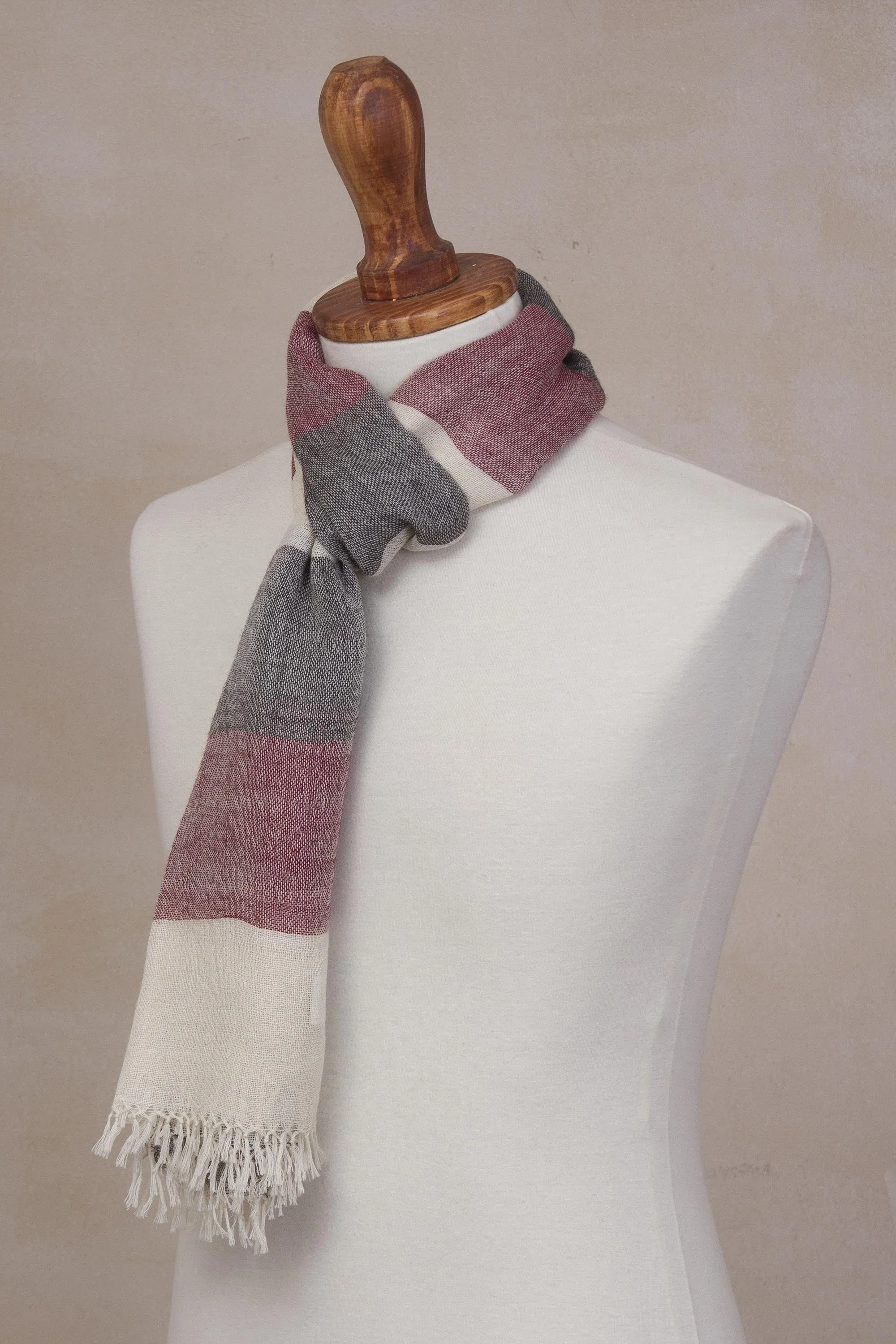 Alpaca Wool Dark Red Off White Black Striped Scarf - Best CabernetcurrentColorful.