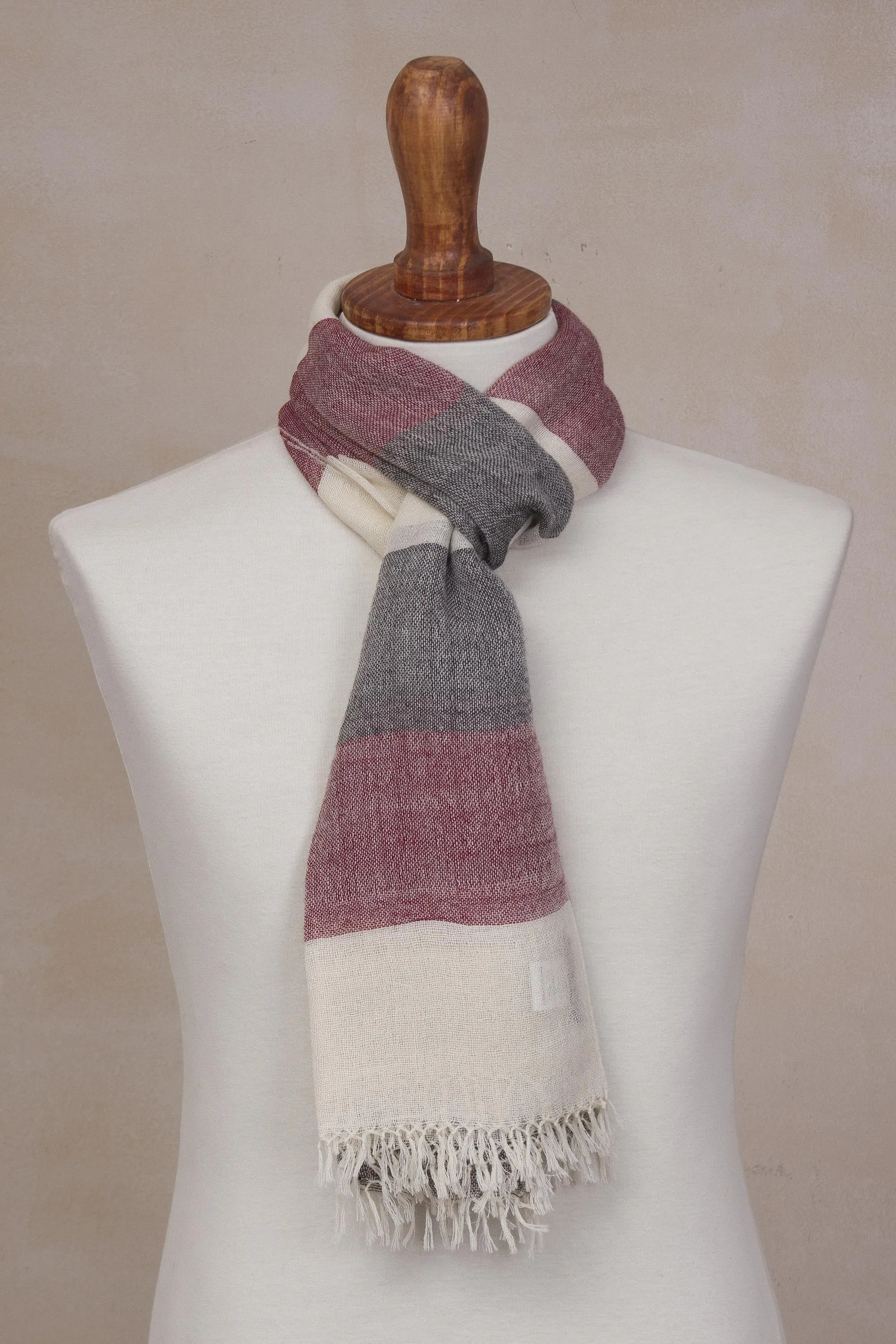 Alpaca Wool Dark Red Off White Black Striped Scarf - Best CabernetcurrentColorful.