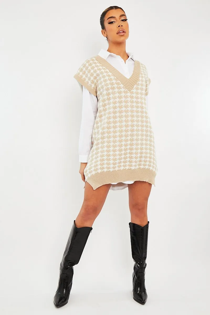 Beige Houndstooth Sleeveless Sweater Vest - Hazel