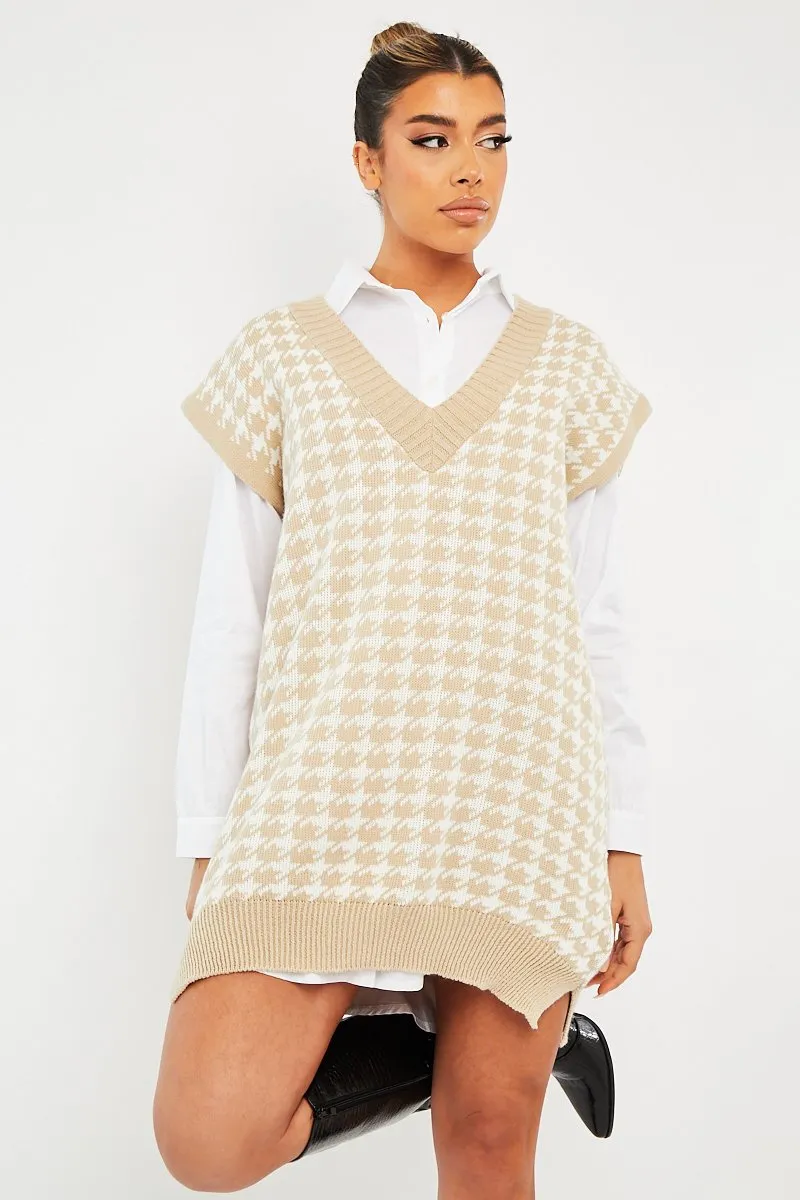 Beige Houndstooth Sleeveless Sweater Vest - Hazel