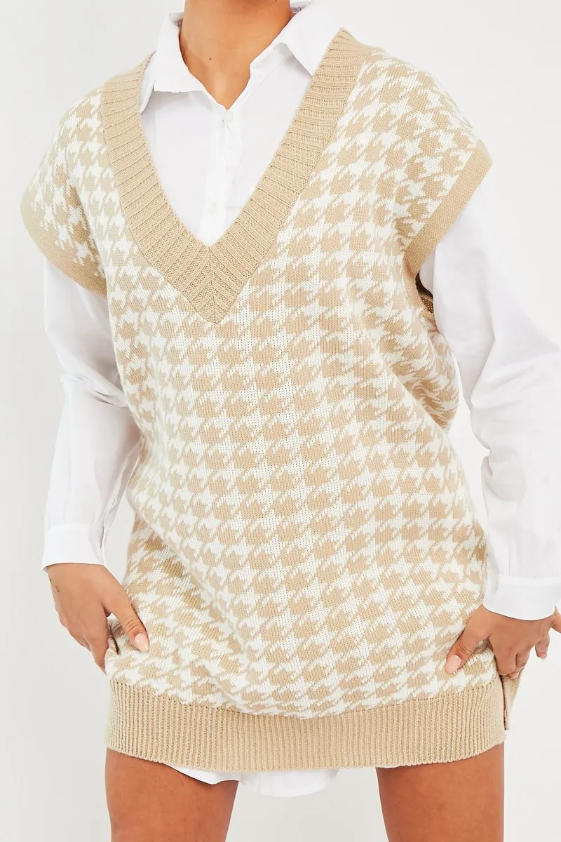 Beige Houndstooth Sleeveless Sweater Vest - Hazel