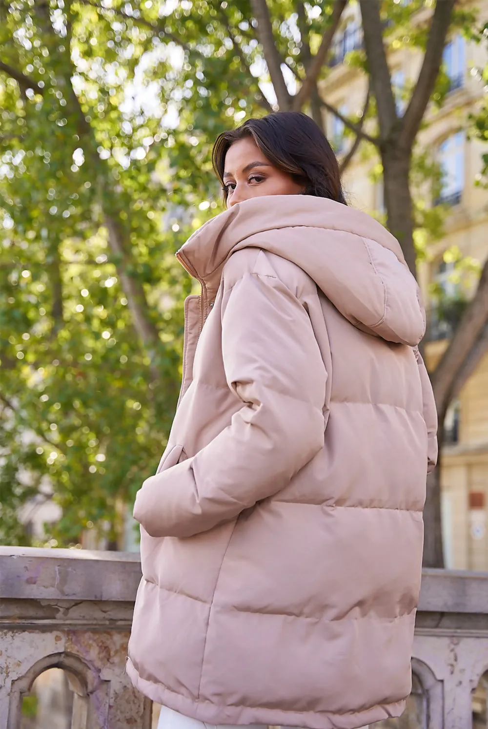 Beige Quilted Puffer Jacket with Hood and Funnel Neck