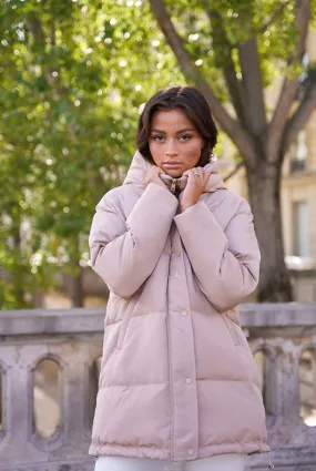 Beige Quilted Puffer Jacket with Hood and Funnel Neck