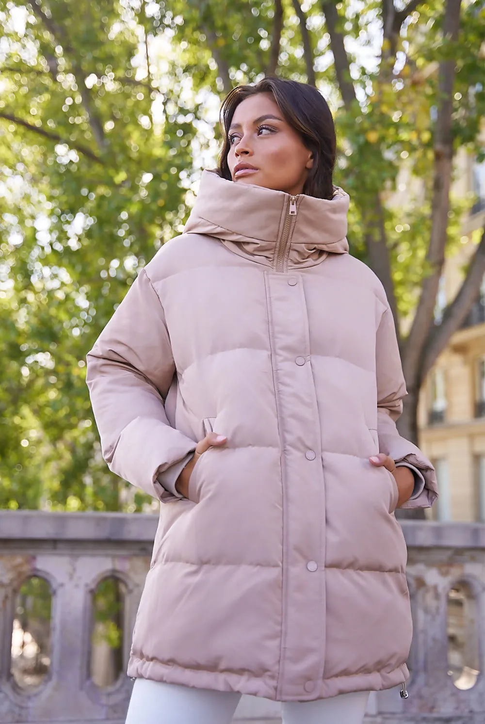 Beige Quilted Puffer Jacket with Hood and Funnel Neck