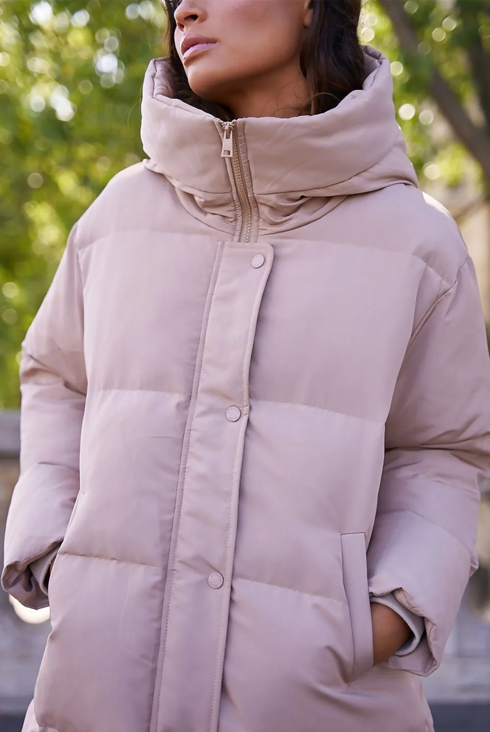 Beige Quilted Puffer Jacket with Hood and Funnel Neck