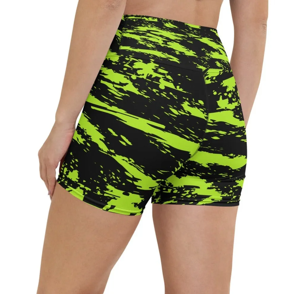 Black Lime Bolt Glitch Rave Ready Yoga Shorts with Inside Pocket