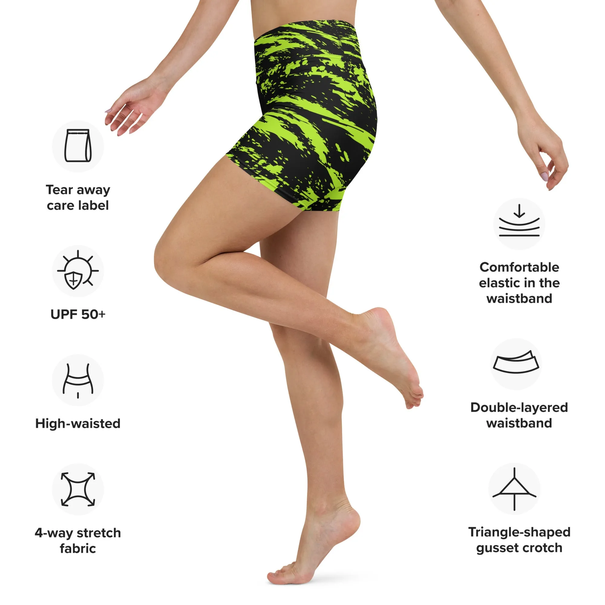 Black Lime Bolt Glitch Rave Ready Yoga Shorts with Inside Pocket