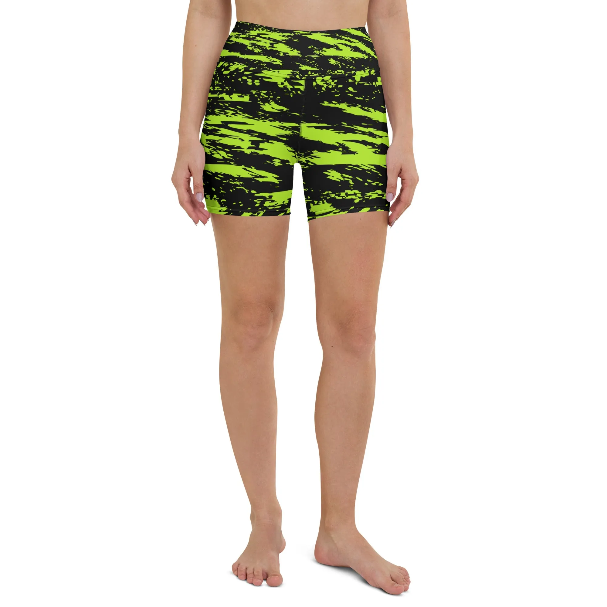 Black Lime Bolt Glitch Rave Ready Yoga Shorts with Inside Pocket