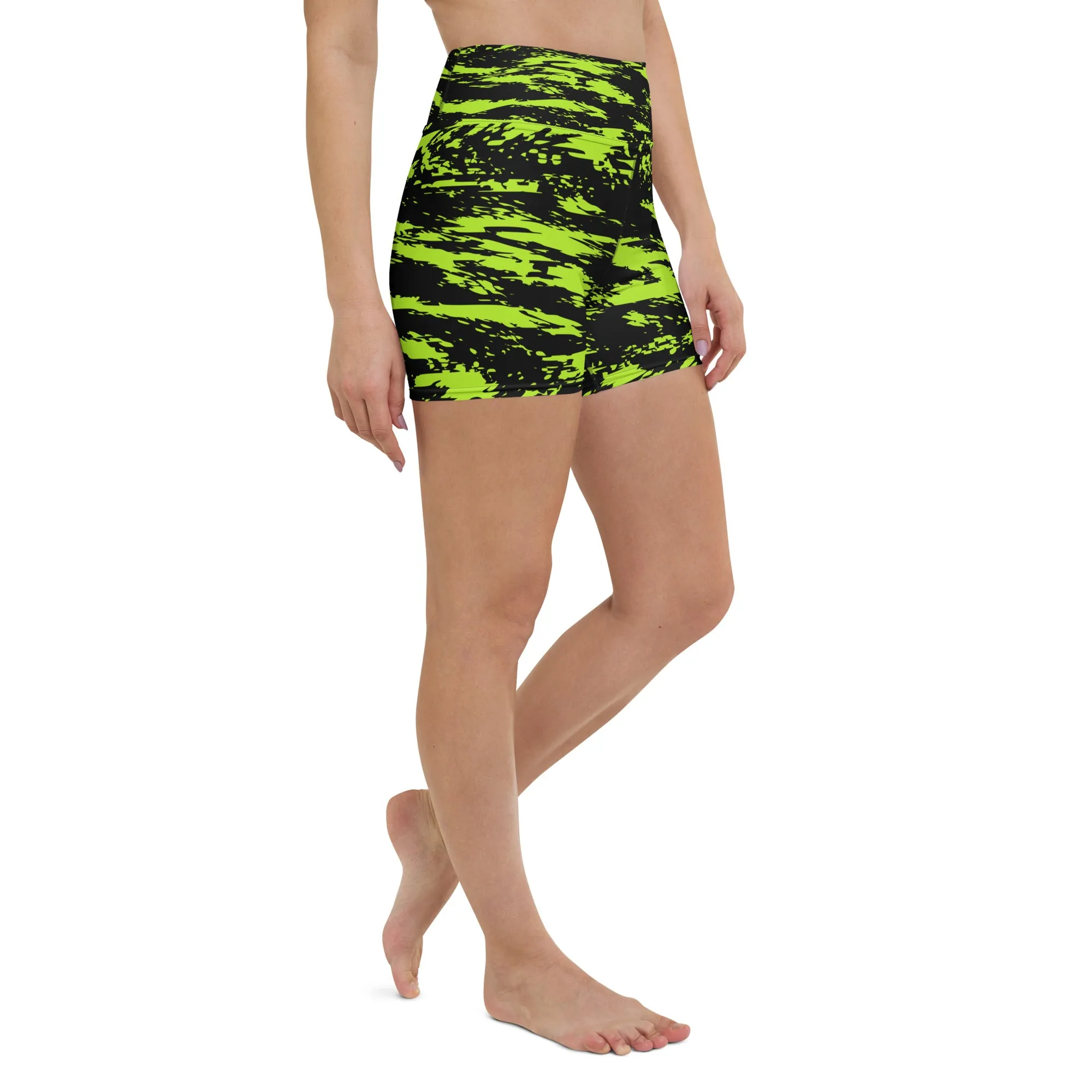 Black Lime Bolt Glitch Rave Ready Yoga Shorts with Inside Pocket