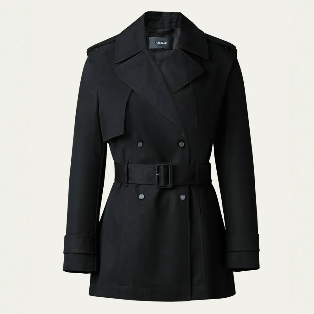 Black Mid-Length Trench Coat with Belt