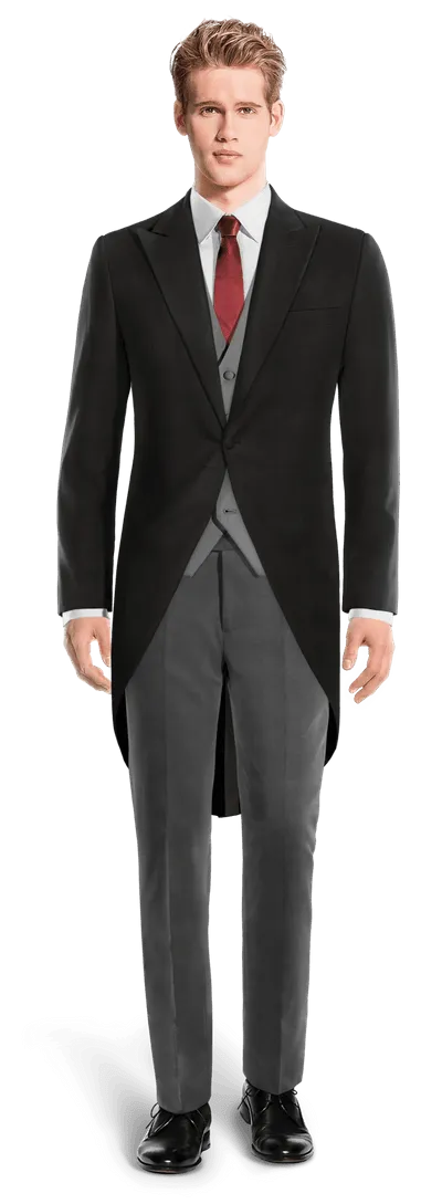 Black morning coat grey waistcoat: Perfect formal attire.