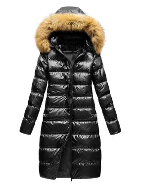 Black Puffer Coat Women's Winter Jacket with Faux Fur Hood