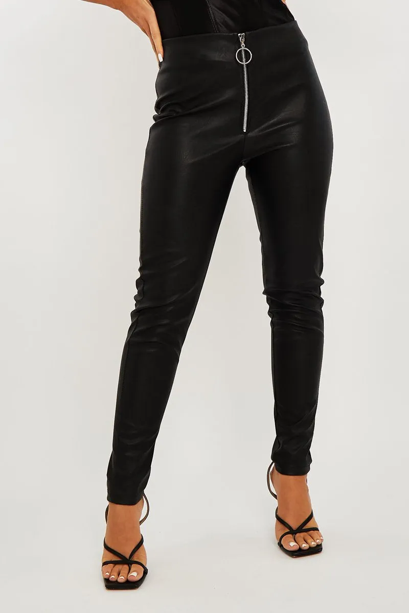 Black Ring Faux Leather Leggings with Zip Front - Rafaela