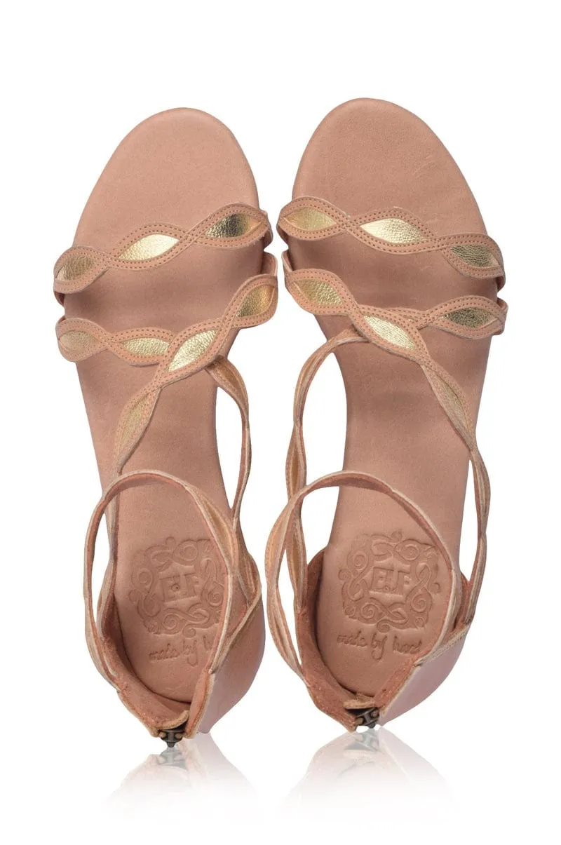 Beige and Gold Blossom Leather Sandals