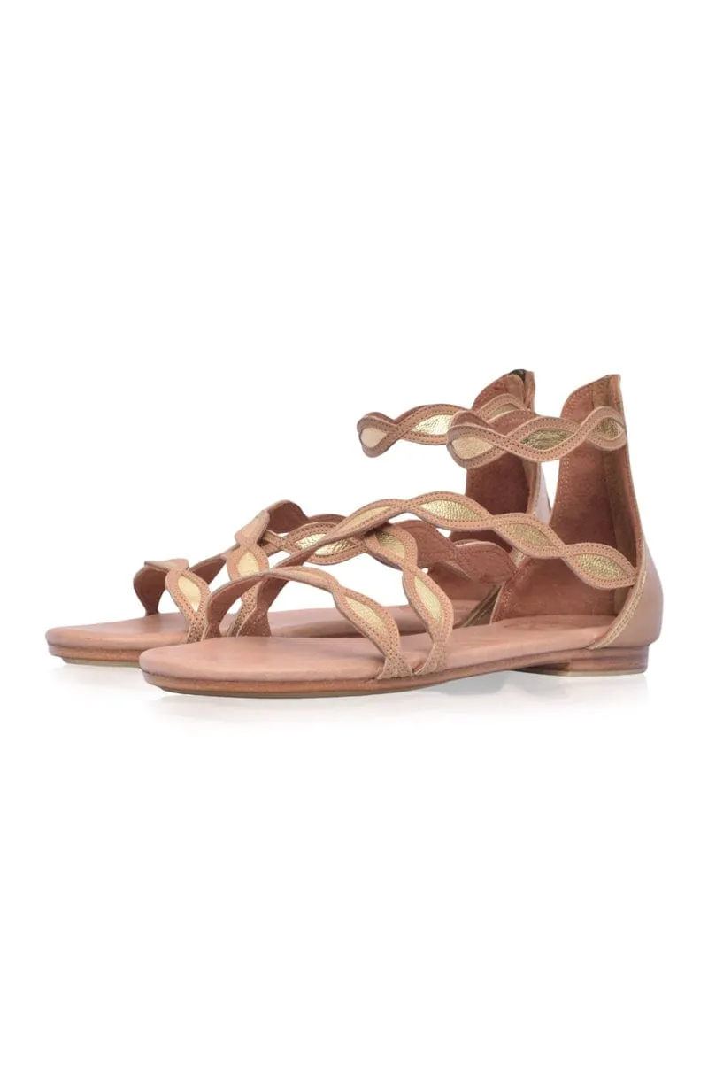 Beige and Gold Blossom Leather Sandals