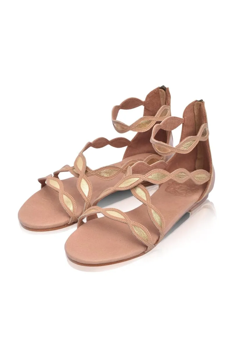 Beige and Gold Blossom Leather Sandals