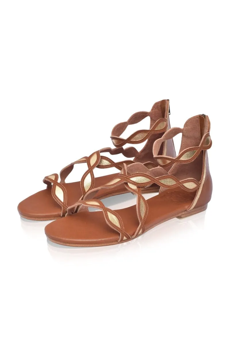 Beige and Gold Blossom Leather Sandals