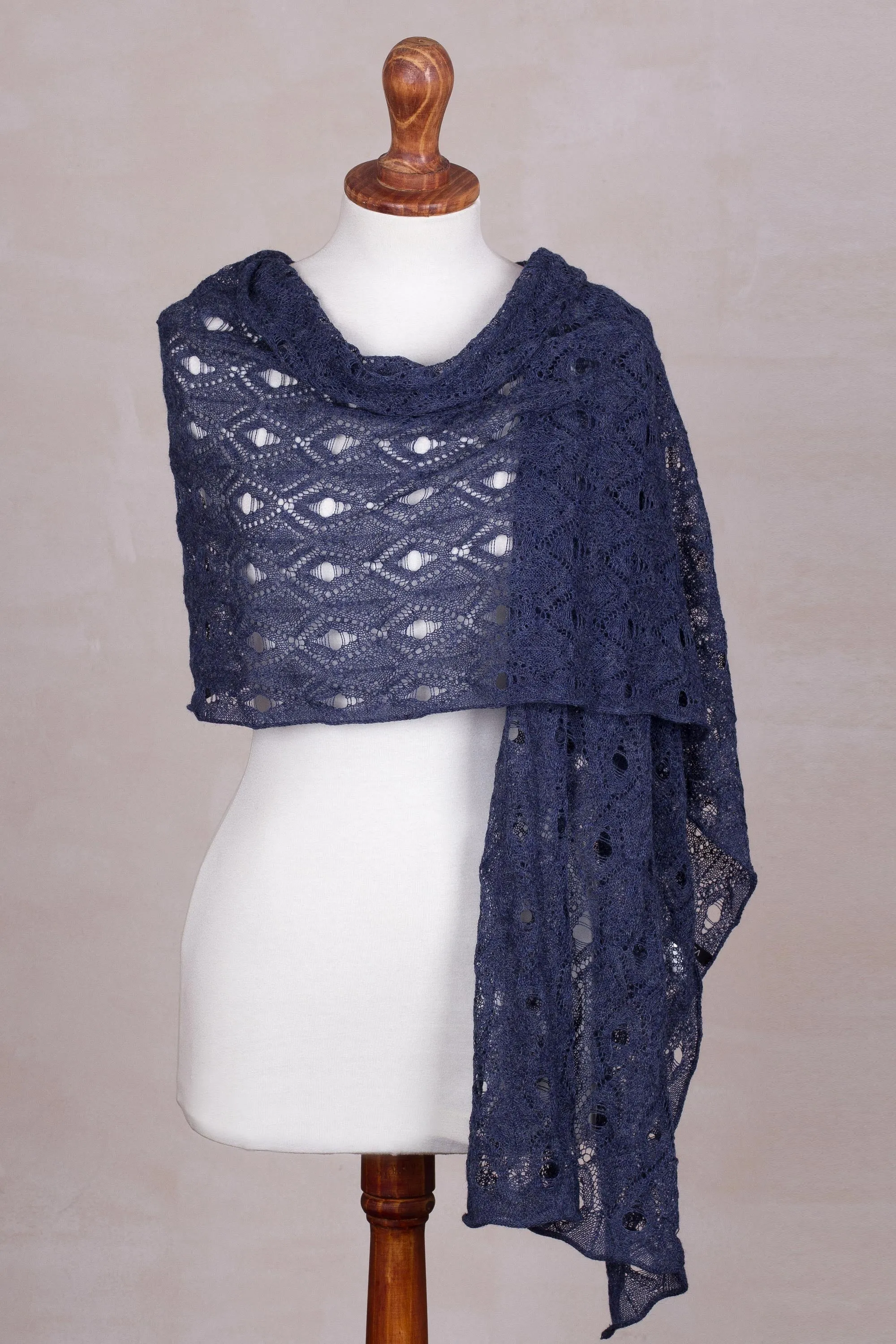 Blue Alpaca Crocheted Shawl from Peru - Breezy Skies Collection