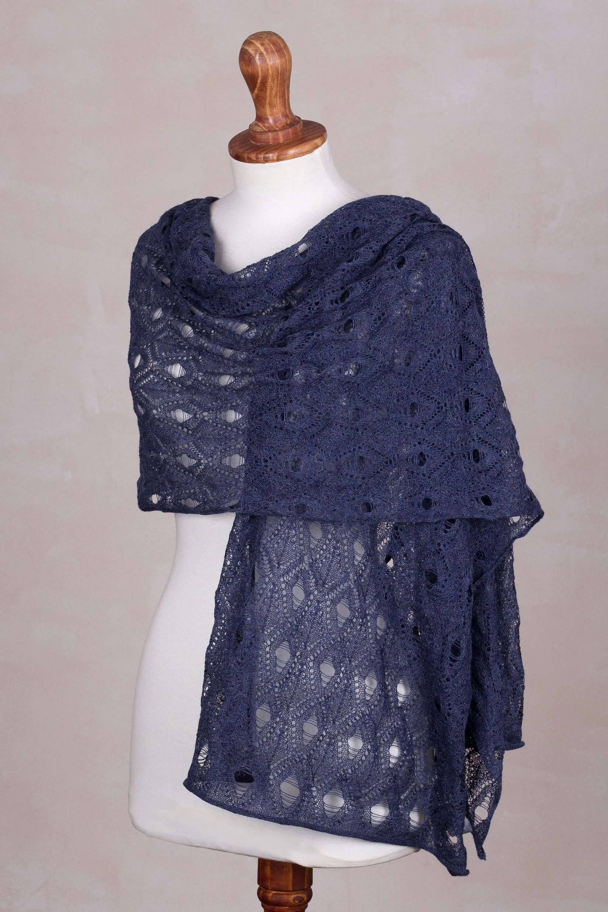 Blue Alpaca Crocheted Shawl from Peru - Breezy Skies Collection