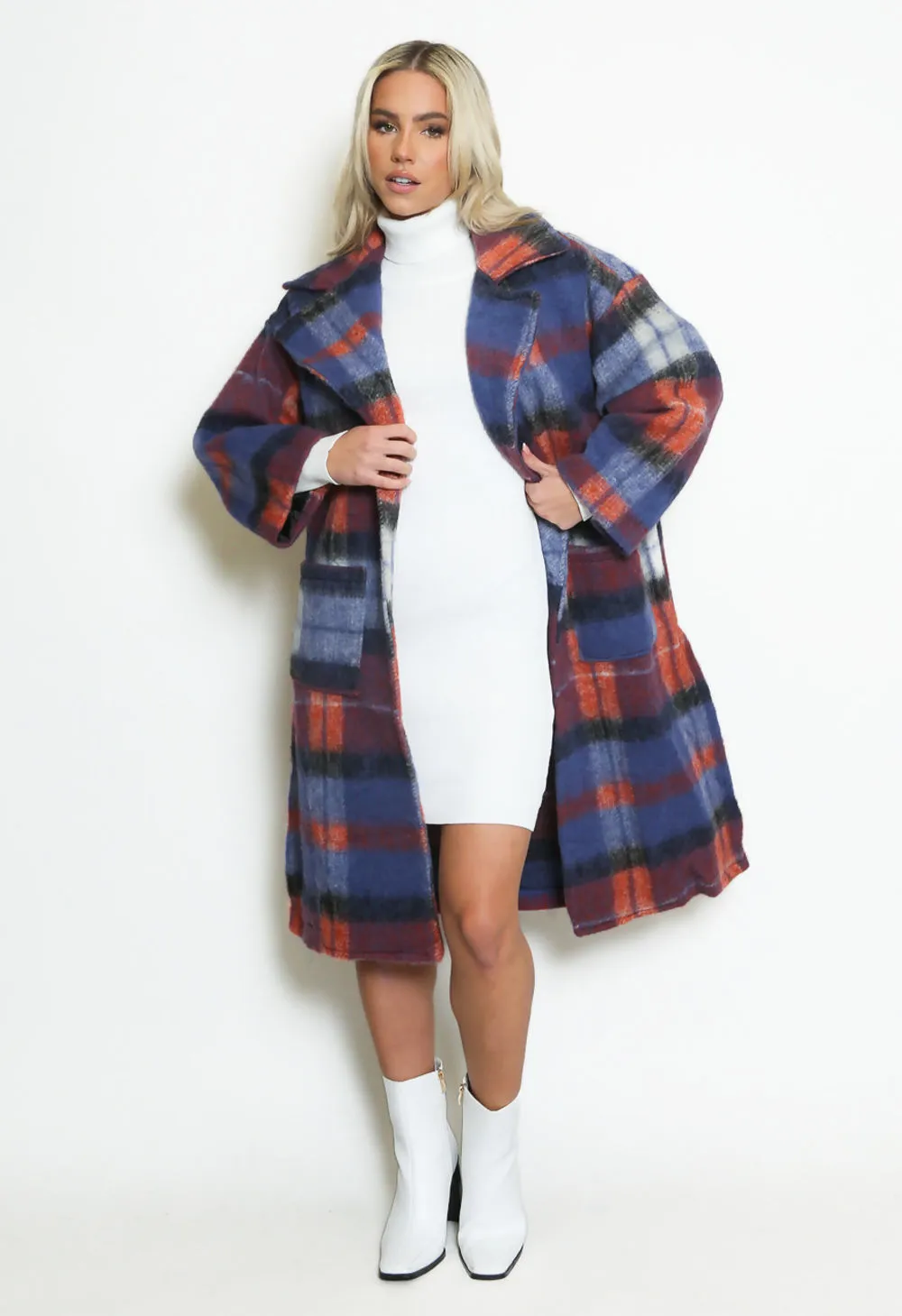 Blue Checked Wool Blend Coat