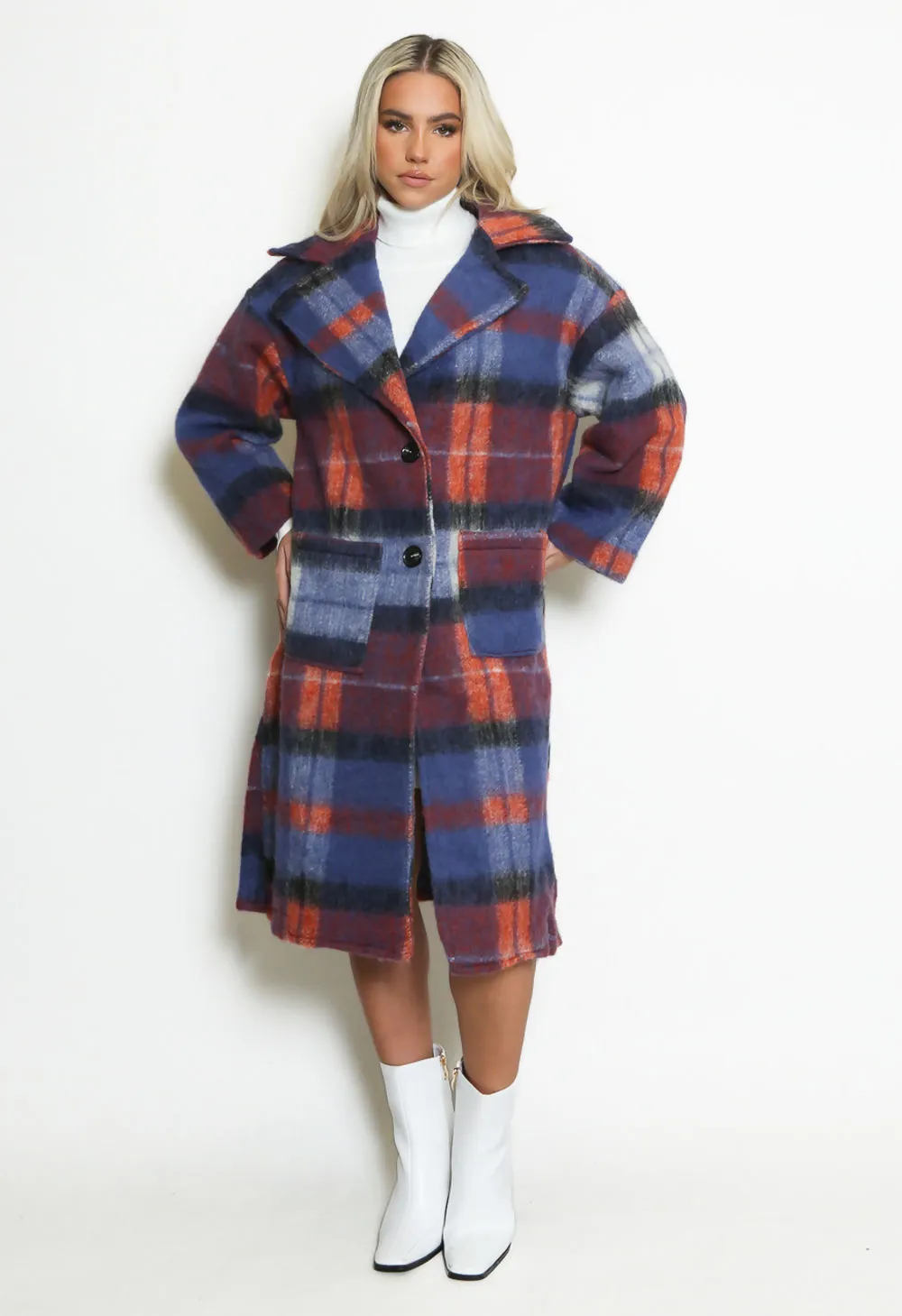 Blue Checked Wool Blend Coat