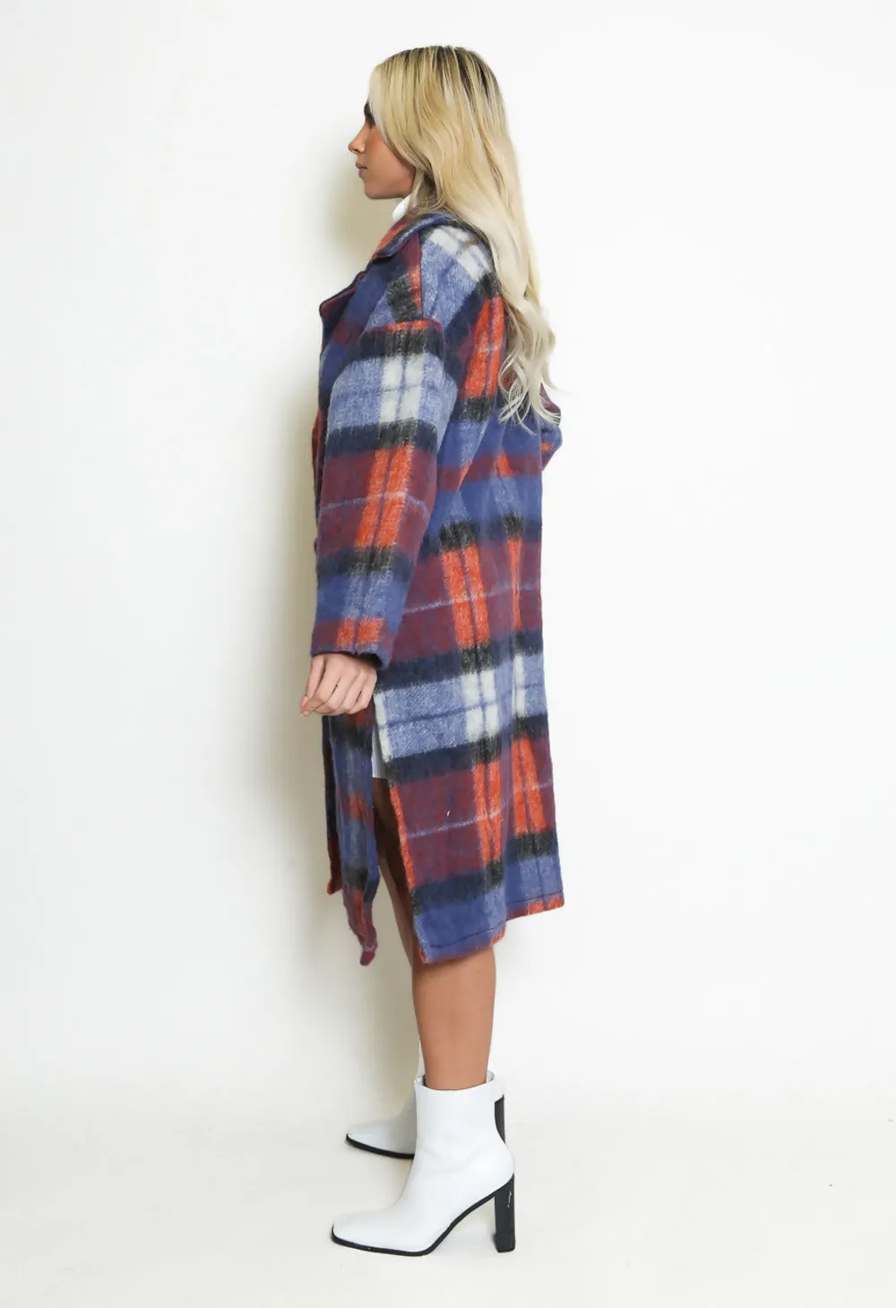 Blue Checked Wool Blend Coat