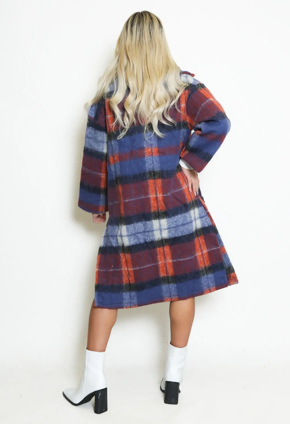 Blue Checked Wool Blend Coat