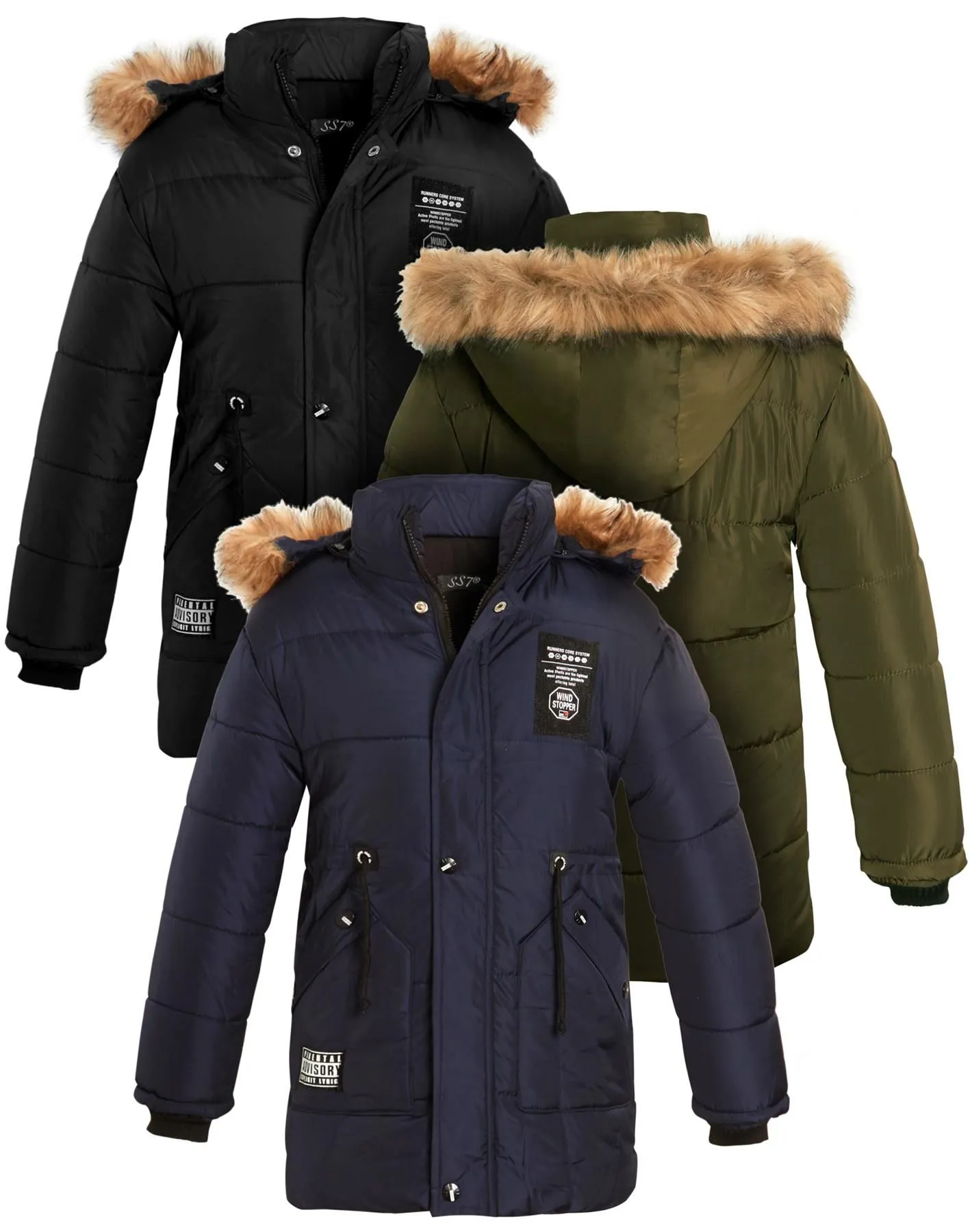 Boys Faux Fur Padded Coat in Black, Navy, Khaki, and Grey, Ages 3 to 14 Years