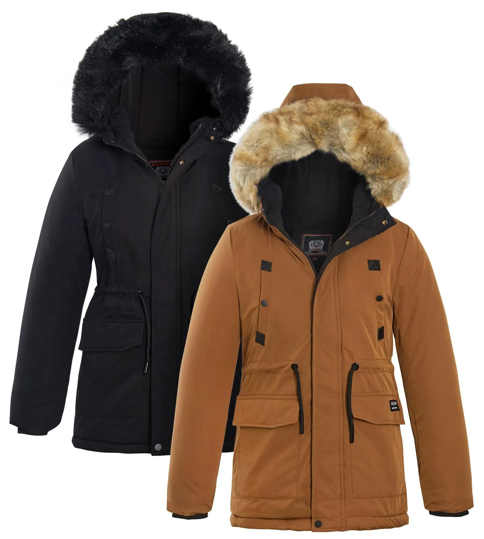 Boys Fleece Lined Winter Parka Coat in Camel and Black, Ages 3 to 14 Years