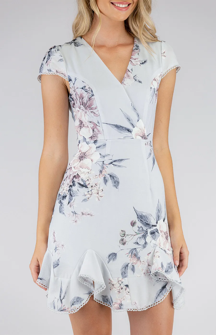 Cap Sleeve Floral Dress with Trim Details SDR622A