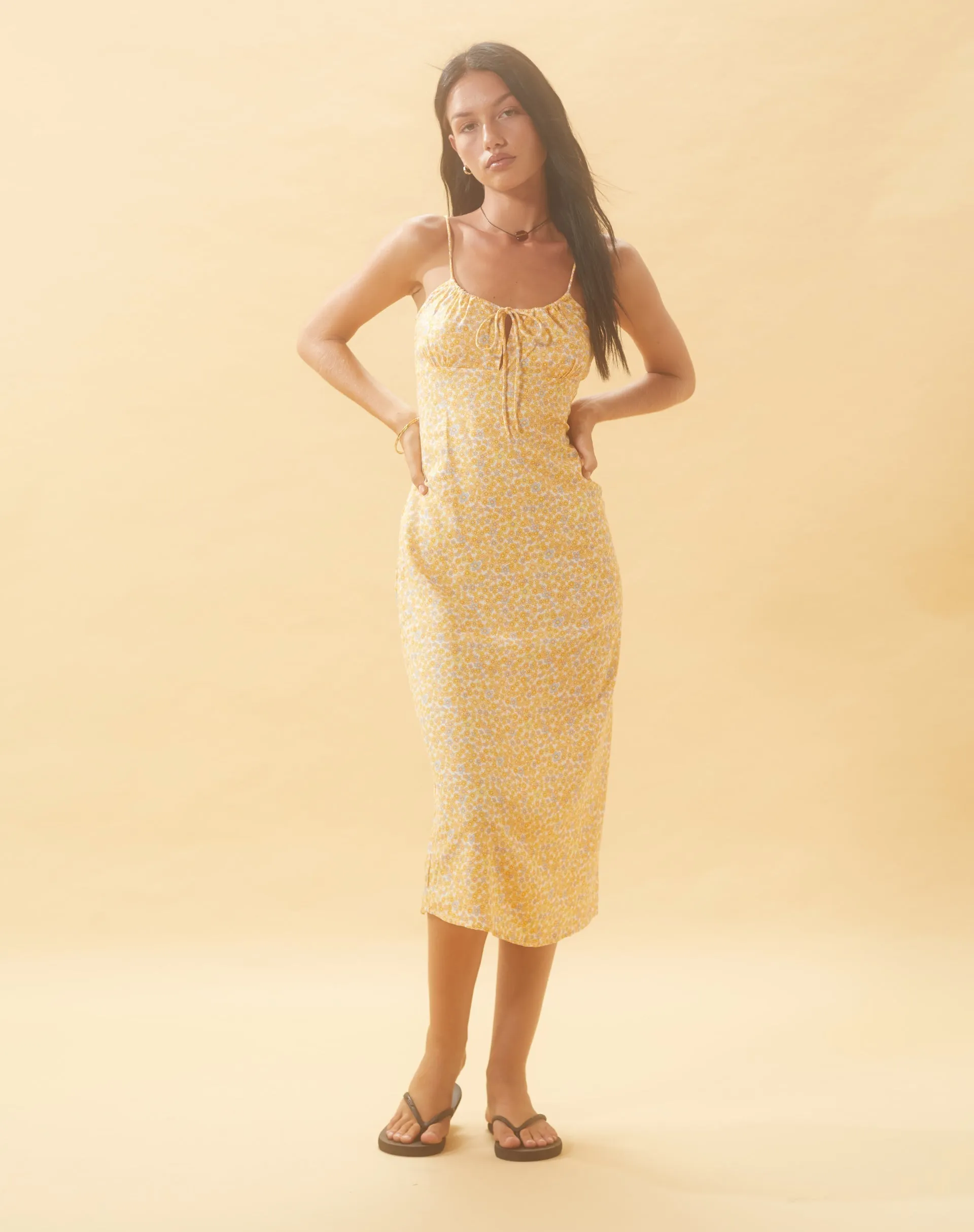 Cessilie Yellow Floral Midi Dress