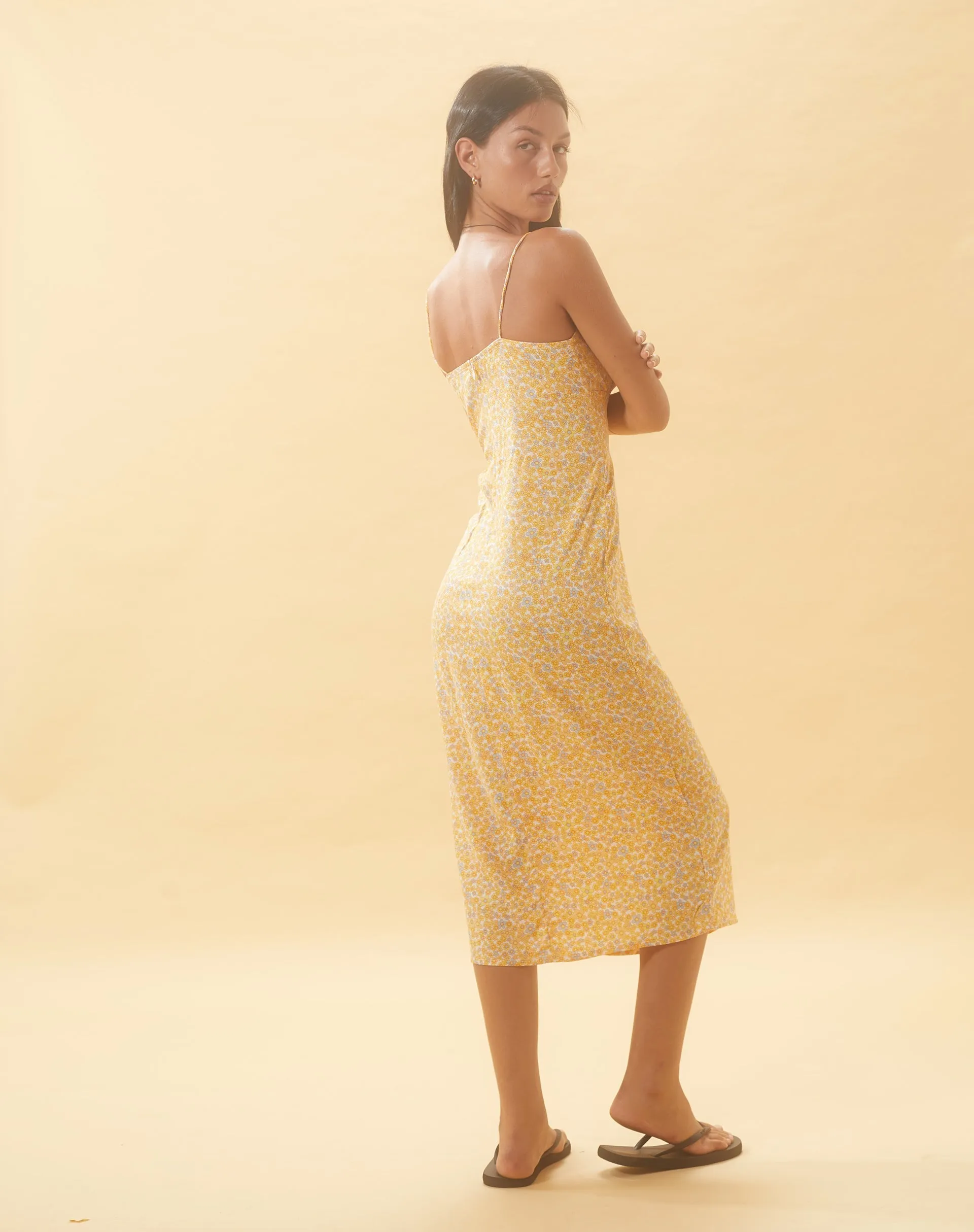 Cessilie Yellow Floral Midi Dress