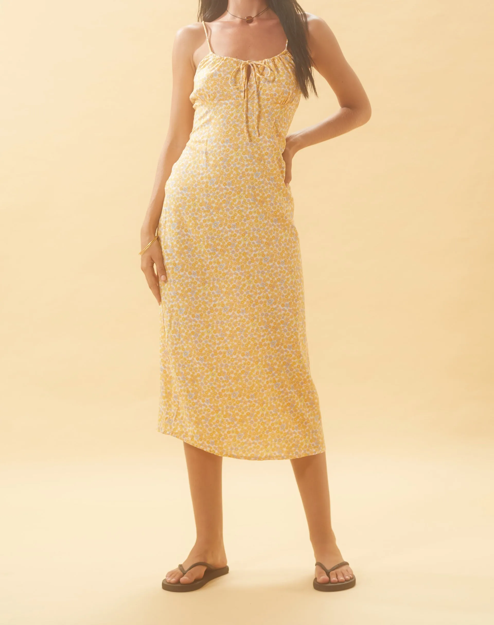 Cessilie Yellow Floral Midi Dress