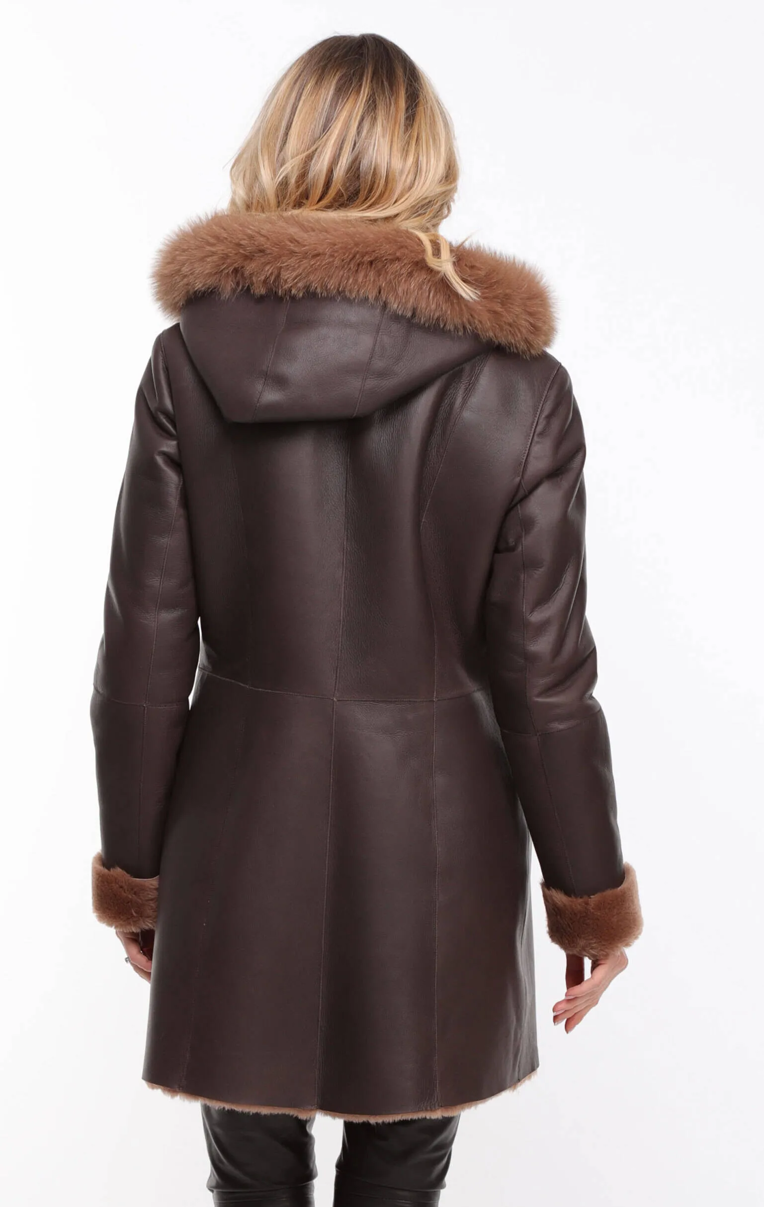 Chocolate Brown Sheepskin Coat - Women's Hooded Aurelia