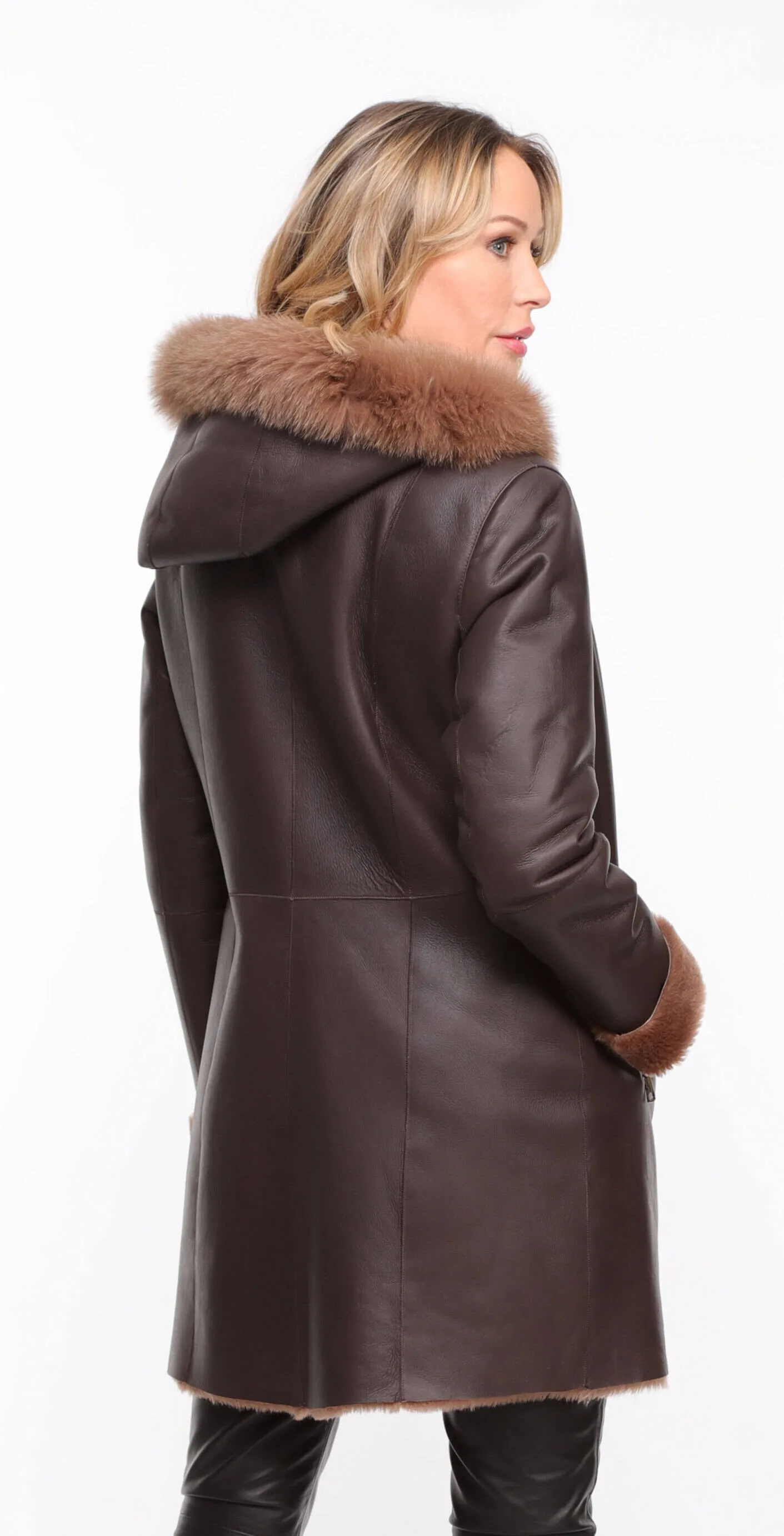 Chocolate Brown Sheepskin Coat - Women's Hooded Aurelia