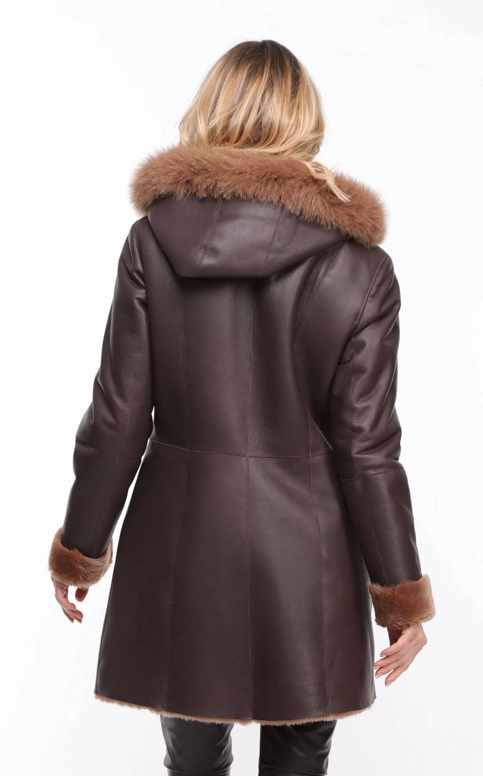 Chocolate Brown Sheepskin Coat - Women's Hooded Aurelia